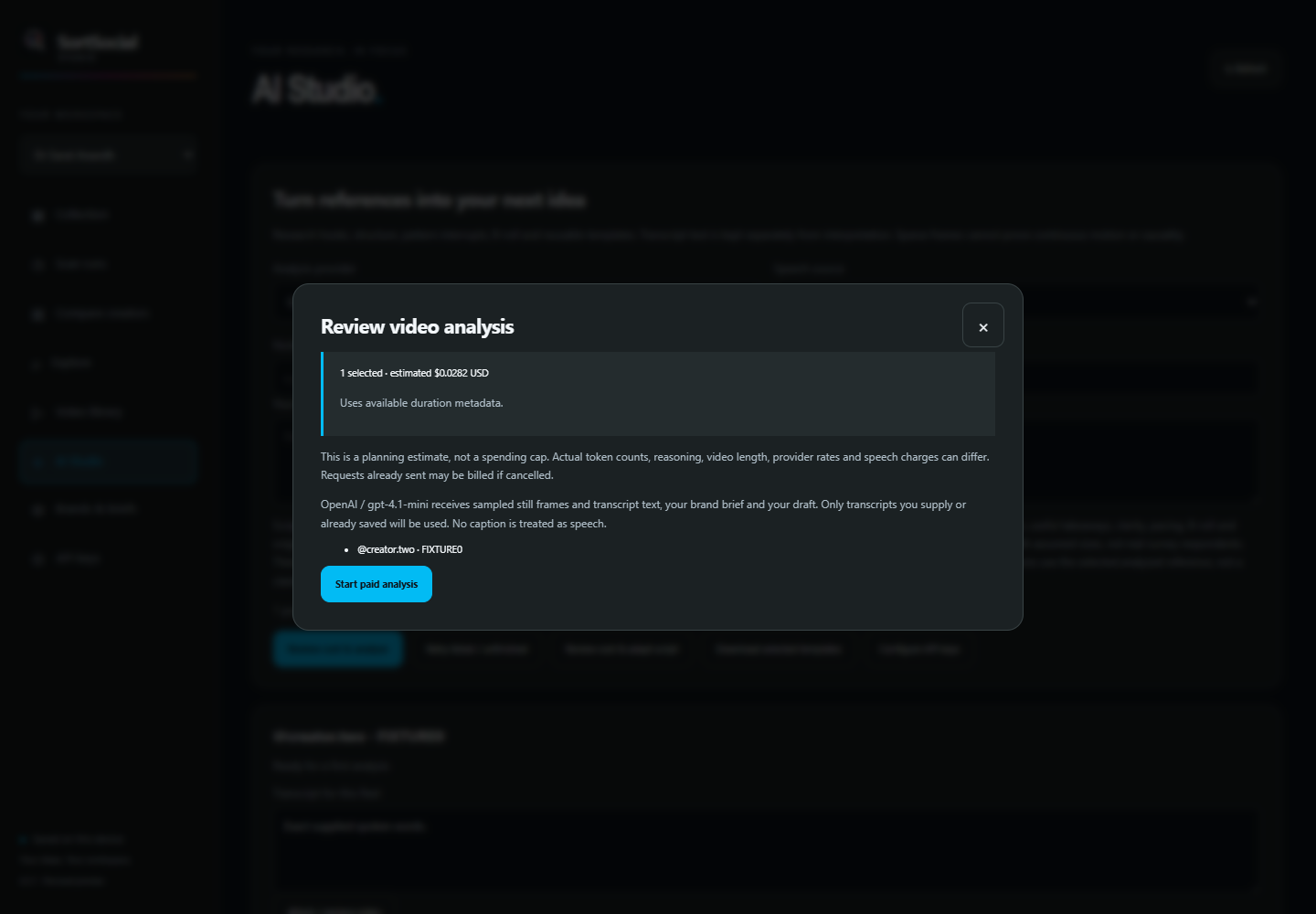 SortSocial AI provider selection and cost review screen