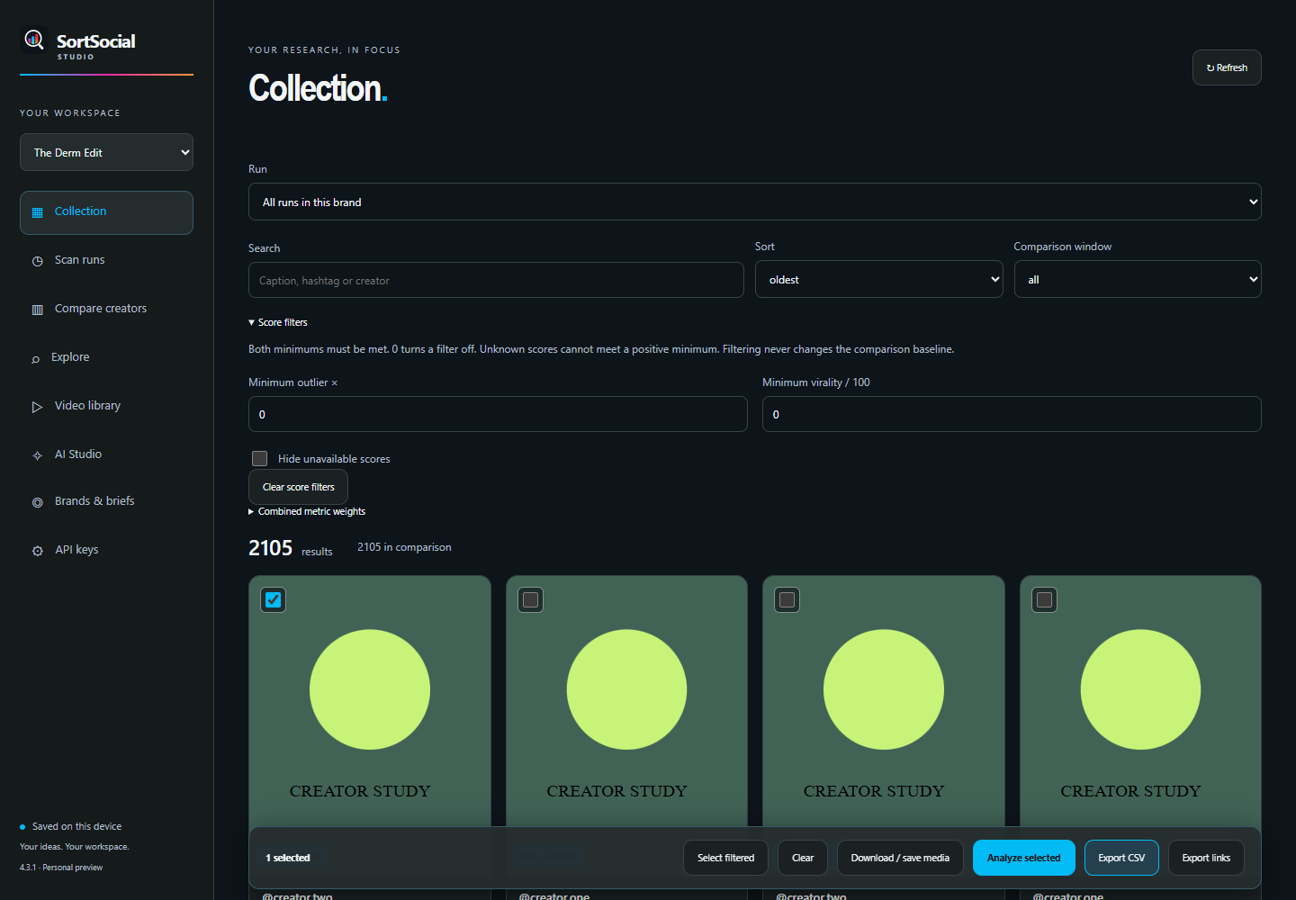 Actual SortSocial Studio interface with a saved sample collection